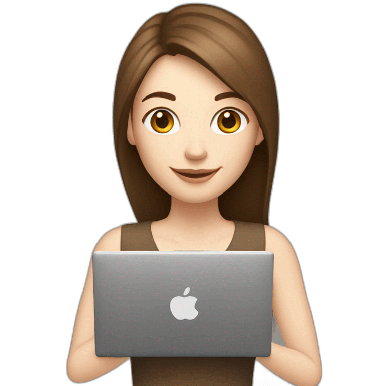 Smiling pale skin woman with middle brown straight hair holding a laptop and a coffee mug on her right hand not full body shot emoji