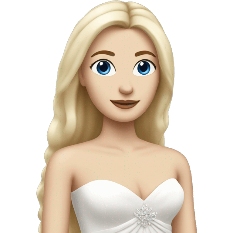 Bride with shoulder length straight blonde hair and blue eyes. Full length gown.  emoji