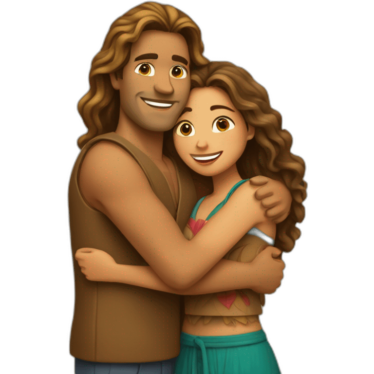 Hug between a polynesian guy with straight hair and a long curly light brown hair woman emoji