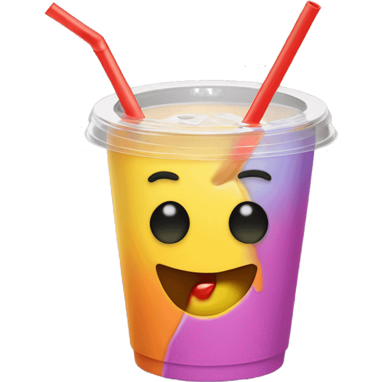 Realistic plastic cup and lid with juice and large ice cubes inside and colorful straw poked through the top of the lid. emoji