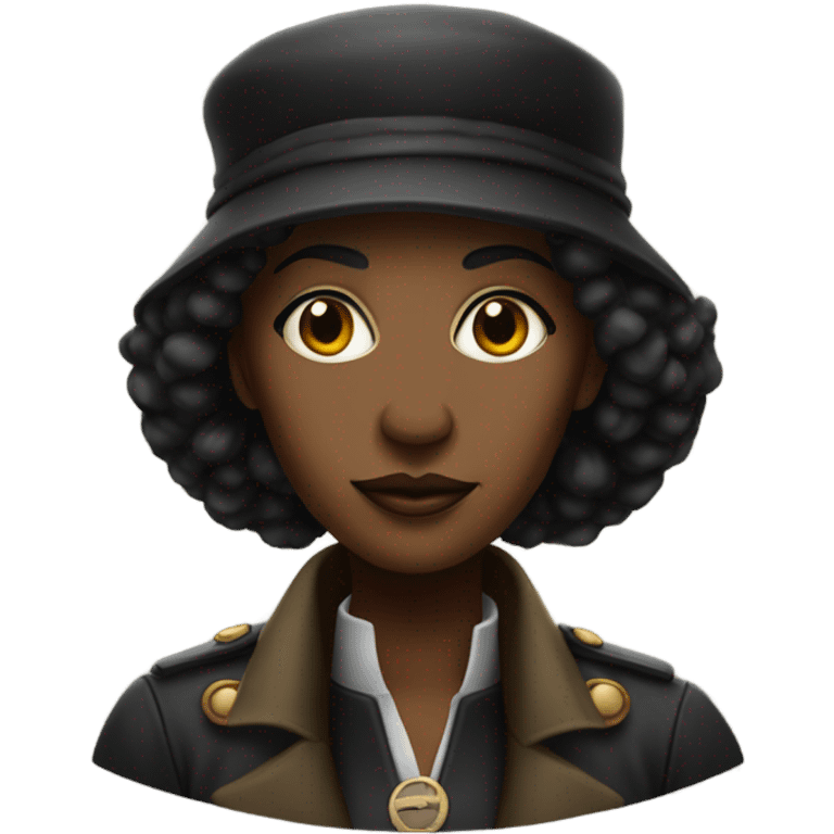 A tall black female revolutionary in dark shades and a tam hat. emoji