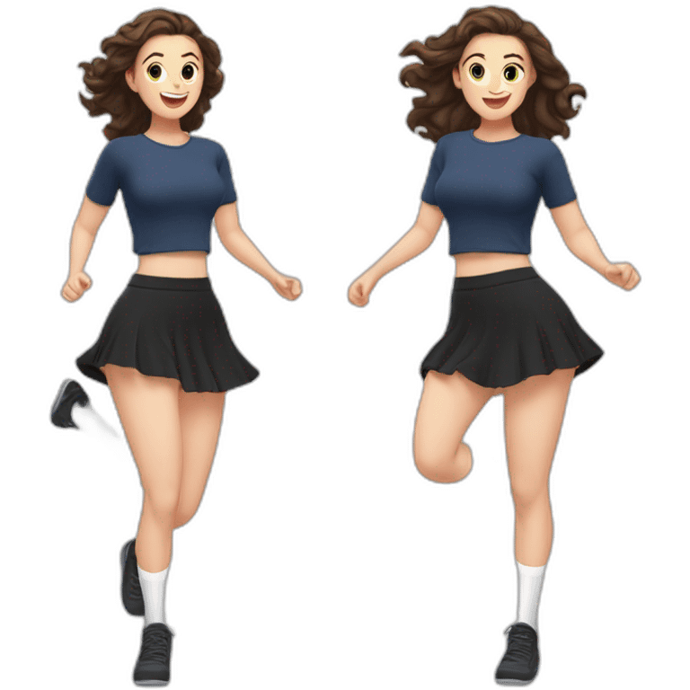 full-body-caucasian-curvy-beauty-jumping-short-black-skirt-back-and-front-views-strong-wind-knickers-long-white-socks emoji