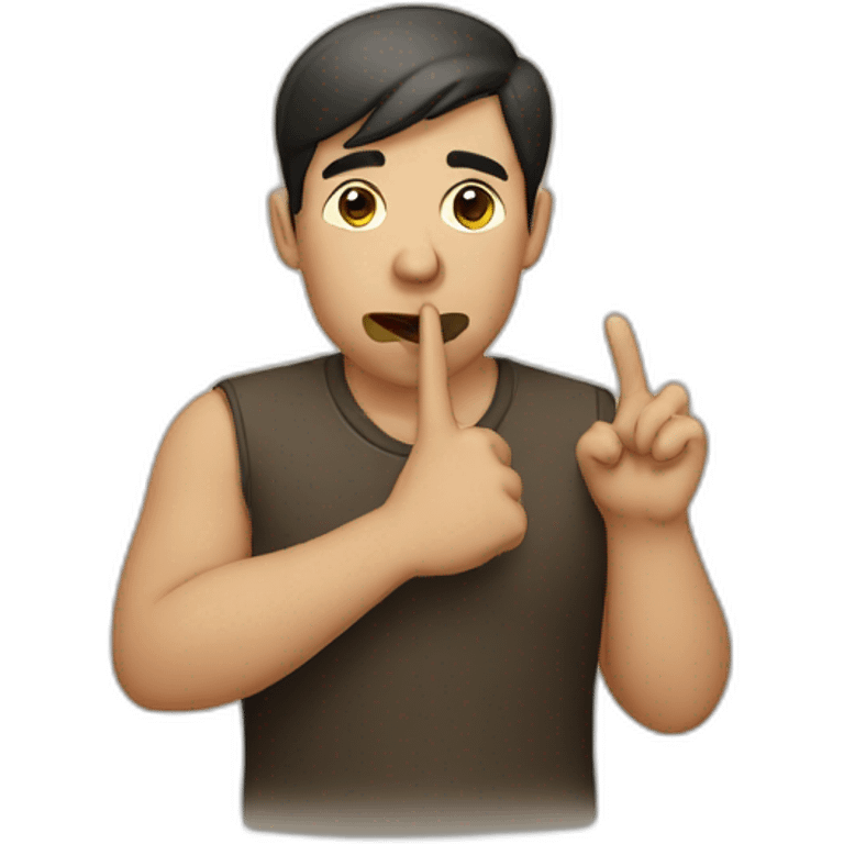 A guy with his finger in his mouth making the silence sign emoji