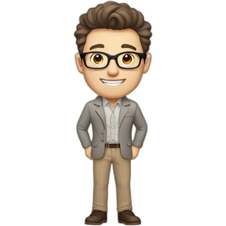 Joyful Pale skinned Fit Man With dark brown hair in gray jacket, beige office shirt, Brown pants and vintage glasses. His thrumbs up emoji