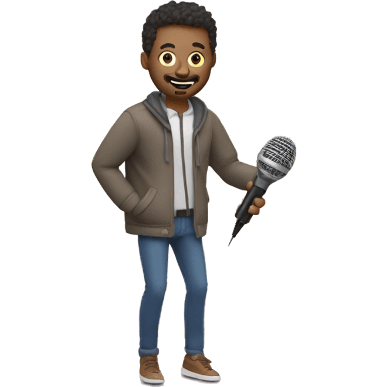 question mark man wearing a jacket running to the screen with a podcasting mic on one hand and pencil on another, roundel style background and add some depth emoji