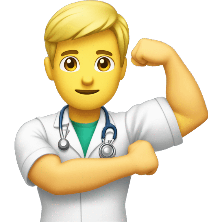 young male doctor flexing one of his biceps, yellow skin, using 2 colors: #ff9800 and #32b5a5 emoji