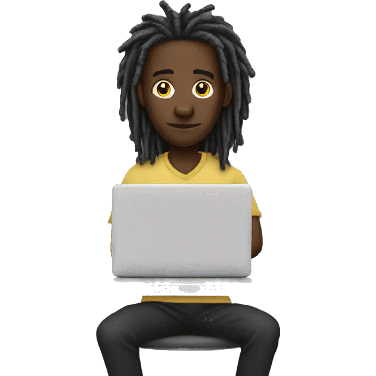 Black-guy-with-dreads-sitting-down-on-chair-facing-desk-foward-focused-on-laptop-computer emoji