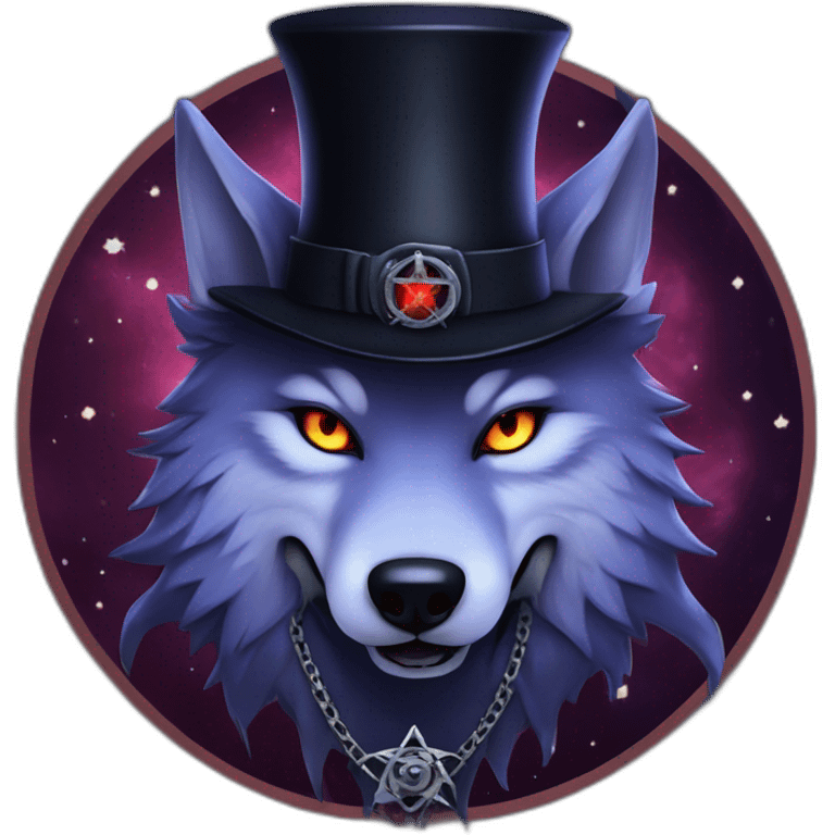 demonic wolf with a pentagram top hat and a pentagram chain with a haunting night background emoji