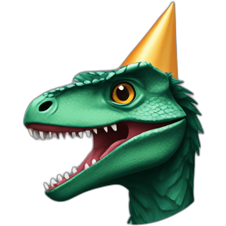 dark green velociraptor head in party hat emoji