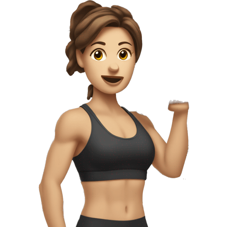 White beautiful fitness women with brown hair with dumbbells in their hands emoji