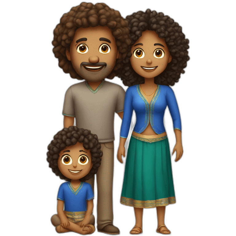 indian family with one dad and one son straight hair and one mom and one daughter curly hair emoji