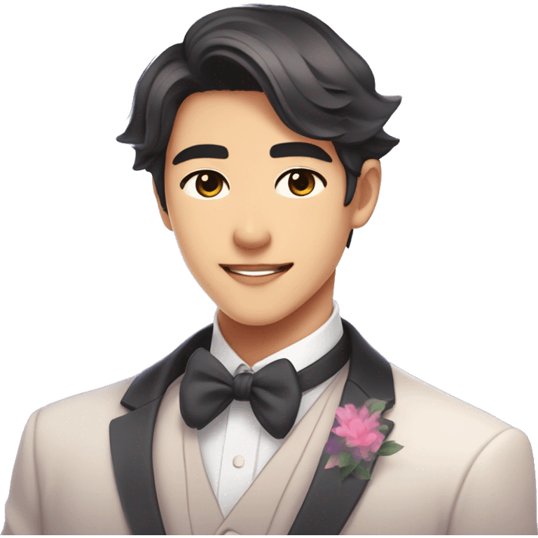 Gorgeous romantic anime style Asian formal modern gentlemanly guy with and flowers and blushing face aesthetic trending style outside with colorful gradient colors emoji