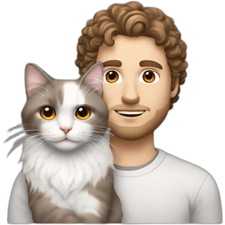 White man with brown curly hair, brown eyes, thick eyebrows, sharp jawline, bigger nose holding white and grey Ragdoll cat emoji