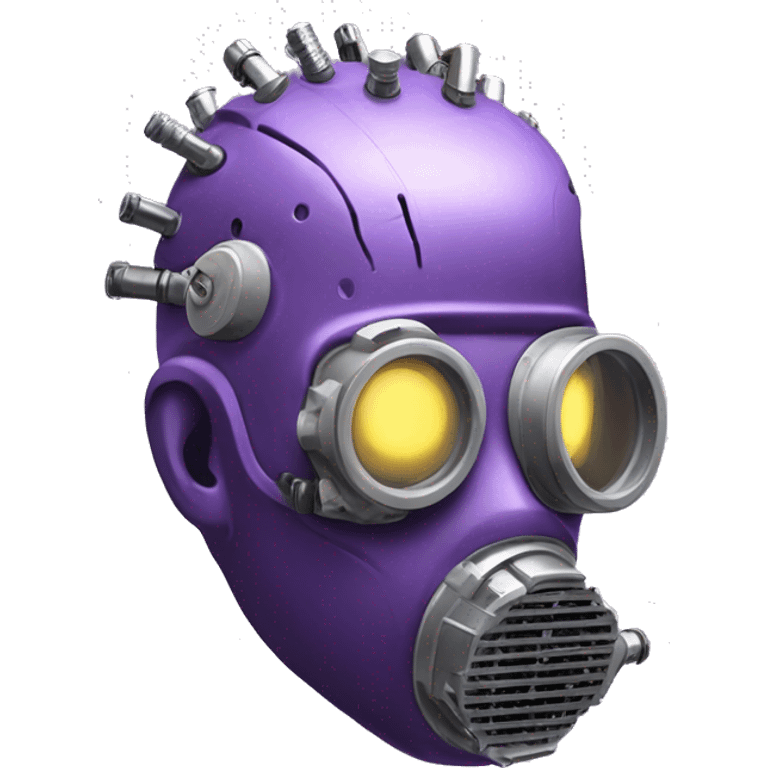 Purple mohawk cyborg head with grey respirator mask and circuits emoji