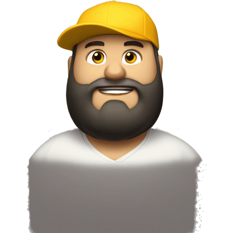 Fat bearded white man, squinty eyes, short black beard, yellow hood, black baseball cap, mouth agape, very fat emoji