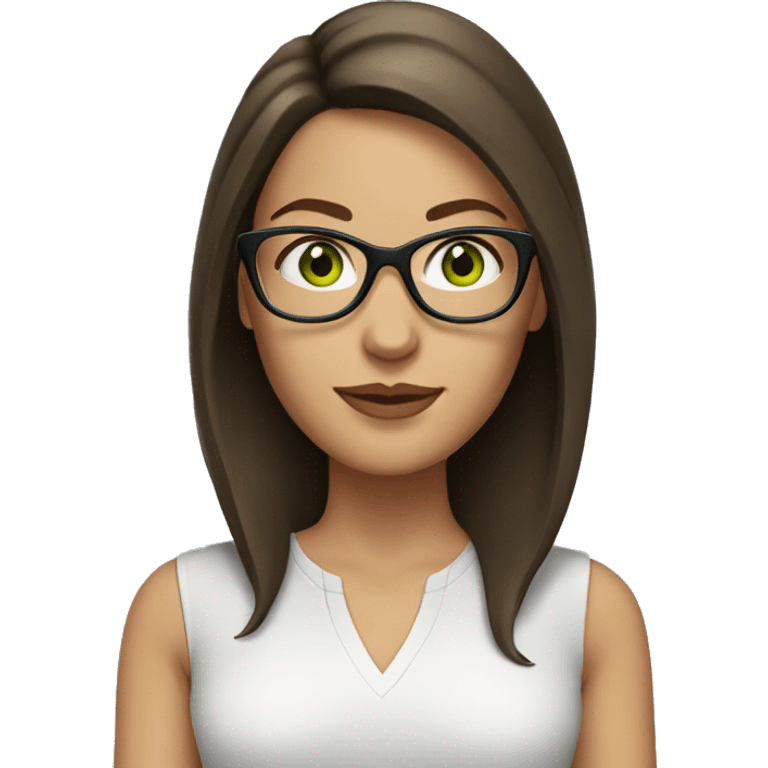 White woman with medium brunette hair green eyes and glasses emoji