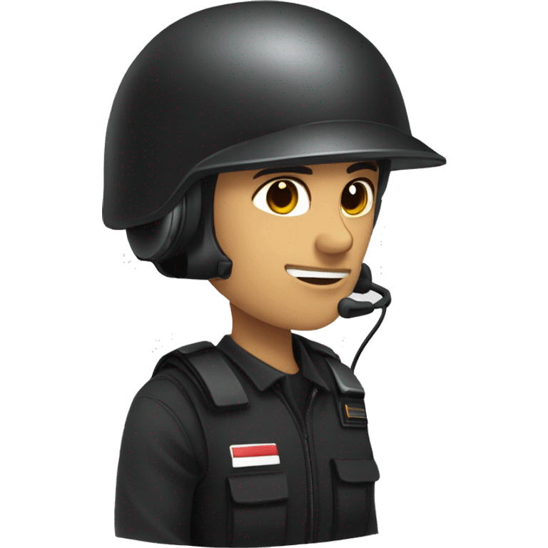 operator dressed in black with a milatary helmet, without glasses, wearing a headset, ready to respond to alerts, preferably male white emoji