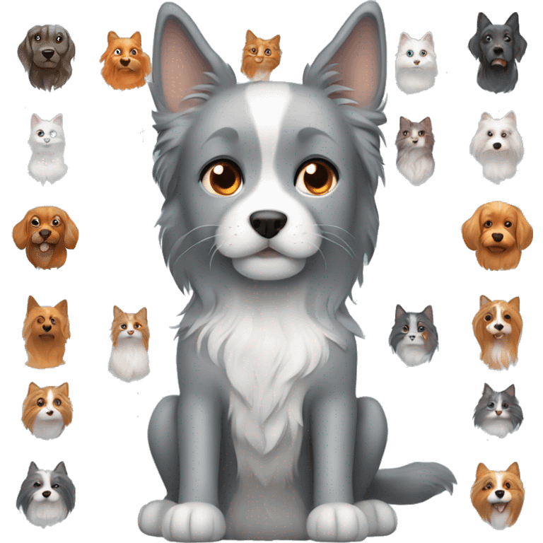 A dog gray with light blue eyes and two Mainecoon one orange and one blue emoji