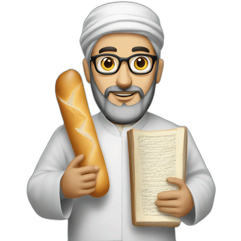 Imam Hassen Chalghoumi holding a french dictionary and a baguette. emoji