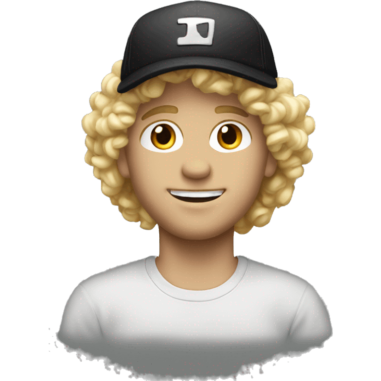 realistic male portrait in black cap, backwards, blonde hair and curly emoji