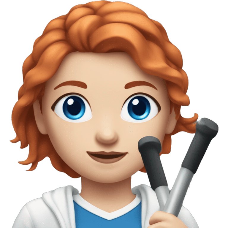 Red-haired sporty girl with fair skin and blue eyes in a white sweater and blue leggings with a barbell emoji