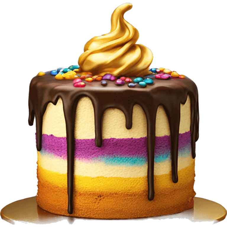 Realistic isolated colorful cake with metallic gold icing dripping from top and all down along the cake emoji