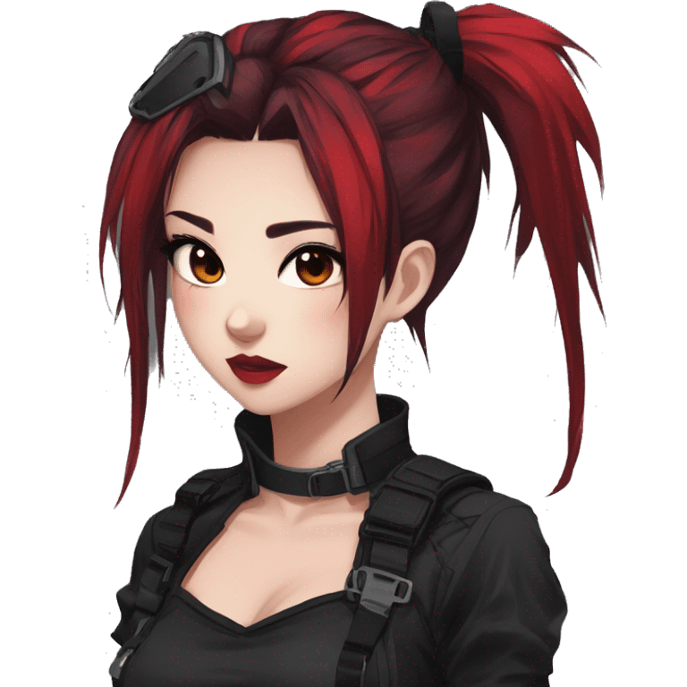 Gorgeous gothic dark techwear anime style tomboyish lady with blushing face aesthetic and pretty edgy black red punk messy ponytail hair with collar and harness trending style emoji