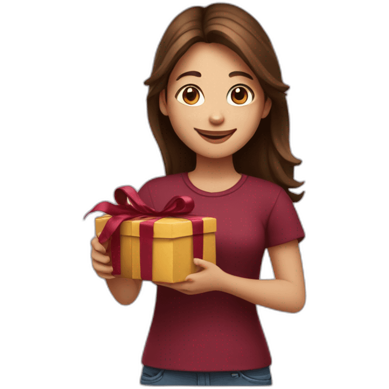 girl with brown hair, smiling, in a burgundy shirt, holding a gift in her hands emoji