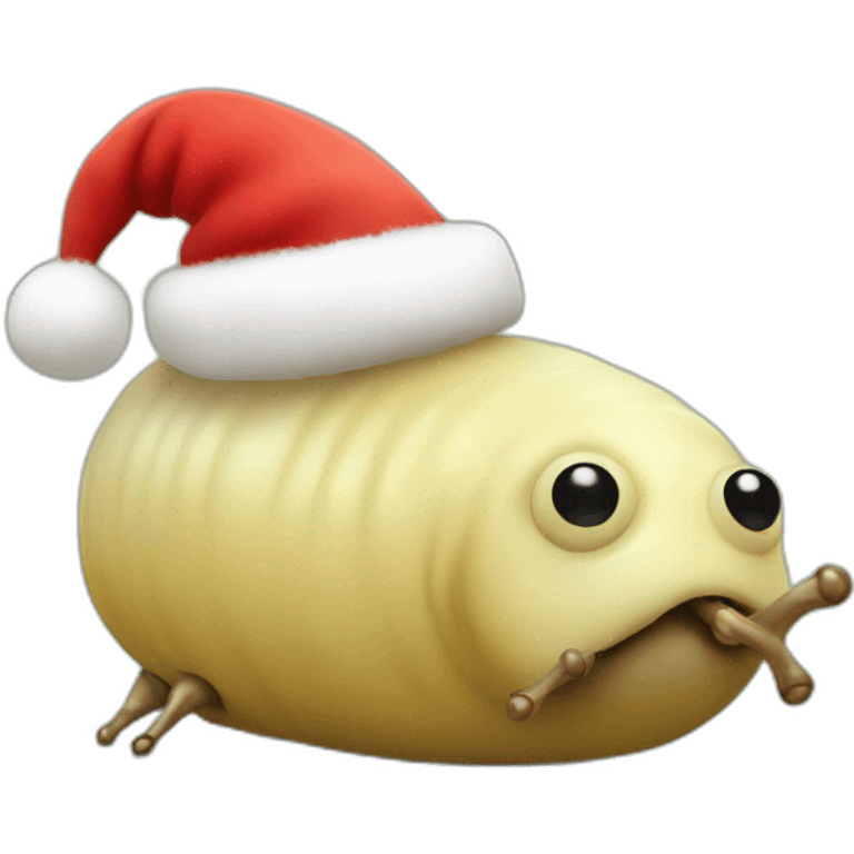 Fat slug with twig legs and Santa hat emoji