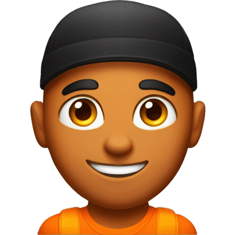 a male bodybuilder in an orange T-shirt, with a perfect face, orange eyes and a black and orange cap, depicted over his shoulders emoji