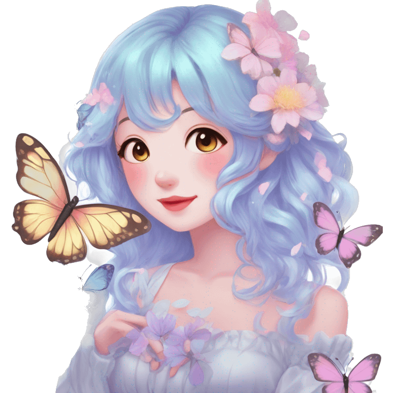 Gorgeous Shiny Pastel Anime-Style Lady Butterflies flower petals leaves cottage core pastelcore kawaii aesthetic trending style emoji