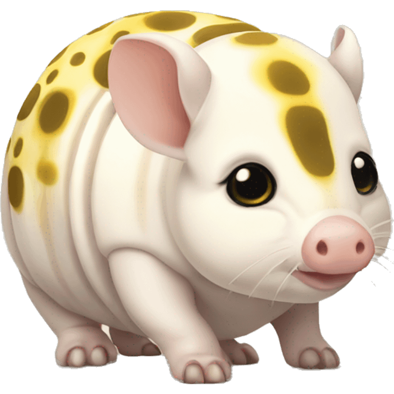 White chubby armadillo pig with yellow and black spots and cute flat face wide set eyes emoji