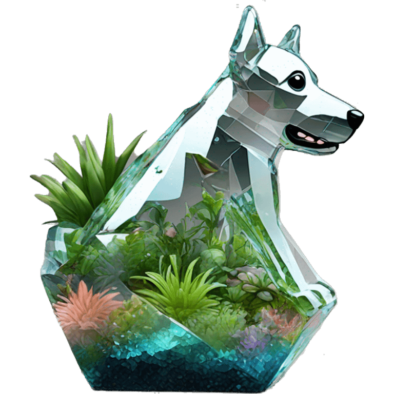 A dog made of glass mirror crystals prisms glass transparent filled with plants as a terrarium with graffiti doodles emoji