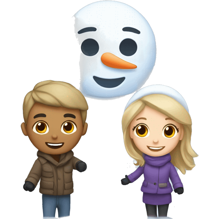 White Couple boy and girl building snowman  emoji