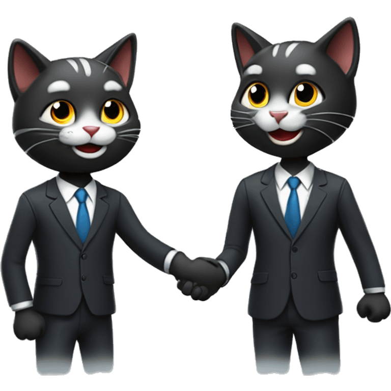 Two dark colored, happy cats, shaking hands in suits both wearing headphones.   emoji