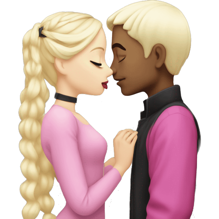 Goth black haired boy, kissing blonde girl in pink emoji