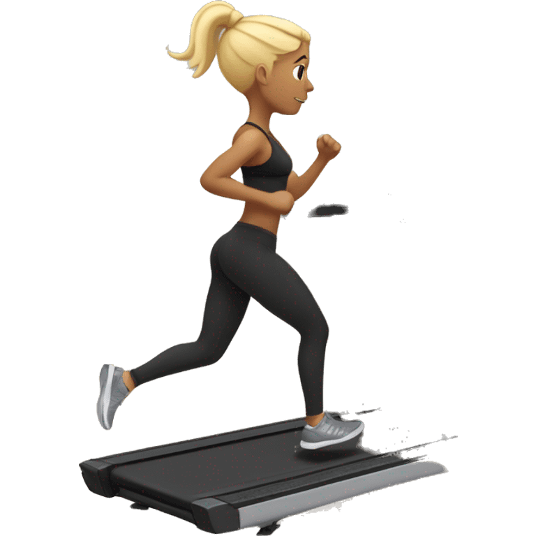 Girl with blonde hair in a ponytail running on a treadmill, she is wearing black leggings and a black sports bra emoji