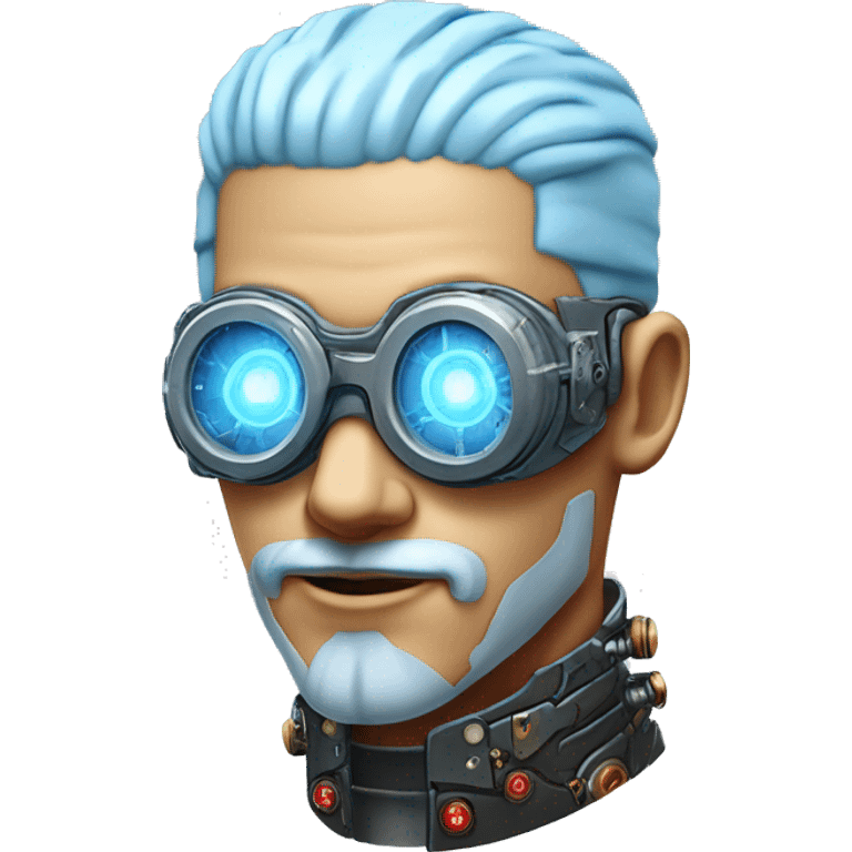  Short light blue haired male cyborg head with light blue beard, red steampunk goggles and circuits emoji