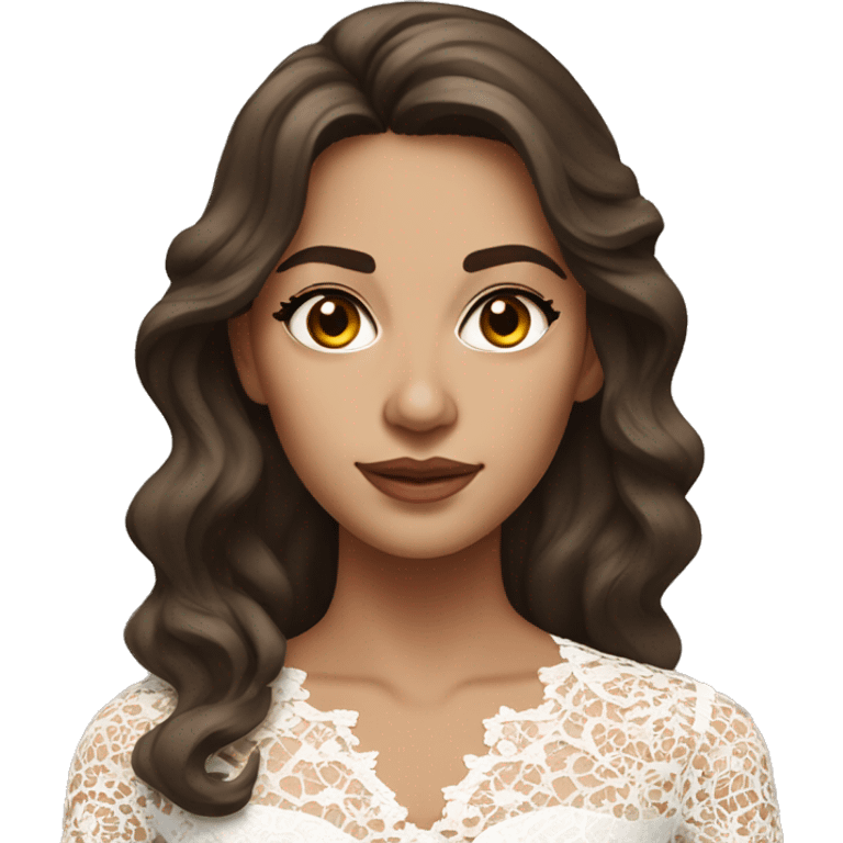 hyper realism Adult woman with brown eyes, light tanned skin, long wavy dark brown hair, wearing a white lace dress emoji