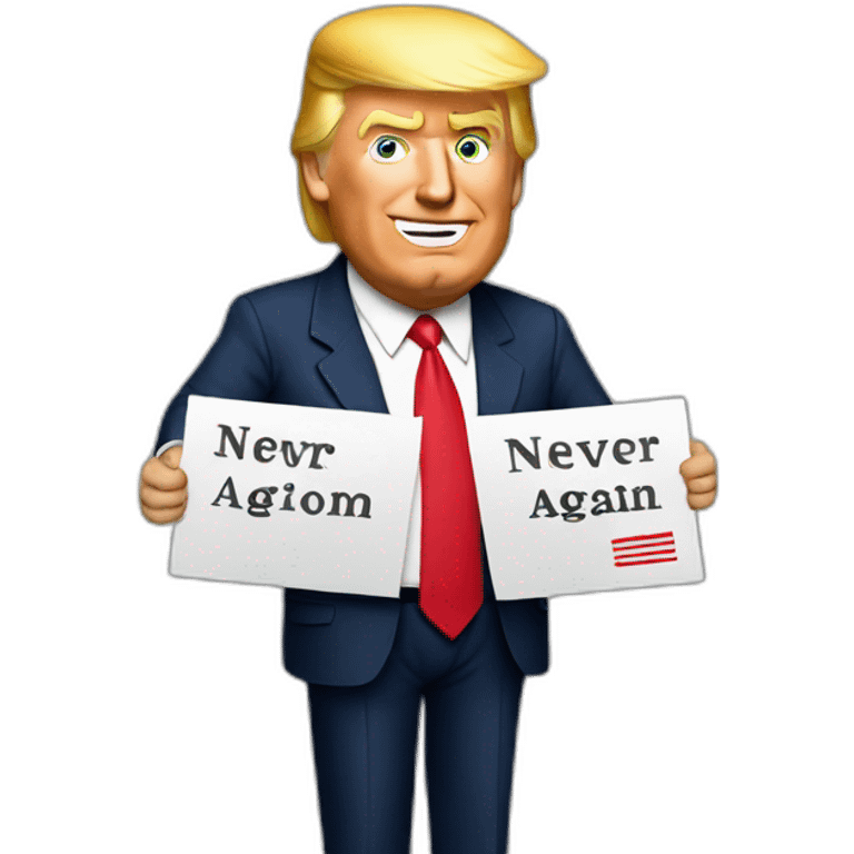 Trump holding sign with letters never again on it emoji