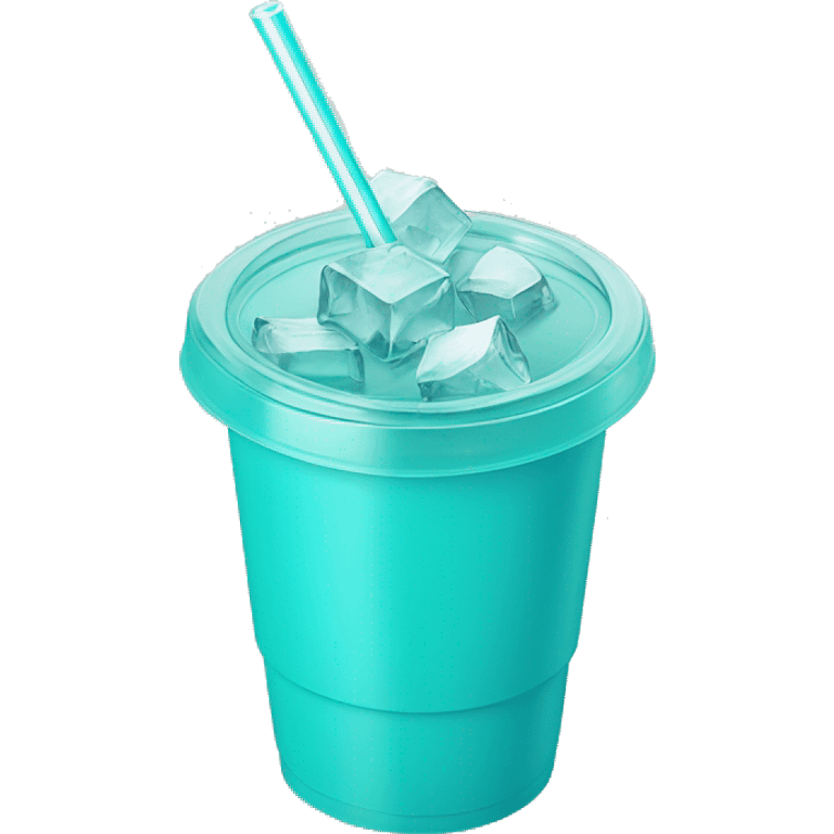 Realistic plastic cup and lid with Transluscent turquoise and large ice cubes inside and one straw through the top of the lid. emoji