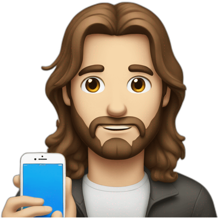 man with brown long hair, a beard and blue eyes holding an iphone emoji