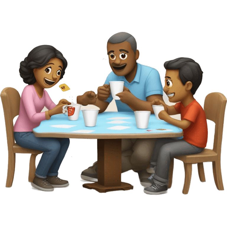 An emoji of a family—mother, father, and child—sitting at a table, playing a cup game with paper cups arranged on the table as they have fun together emoji