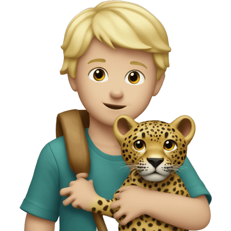 Little boy with blonde hair holding a jaguar toy emoji