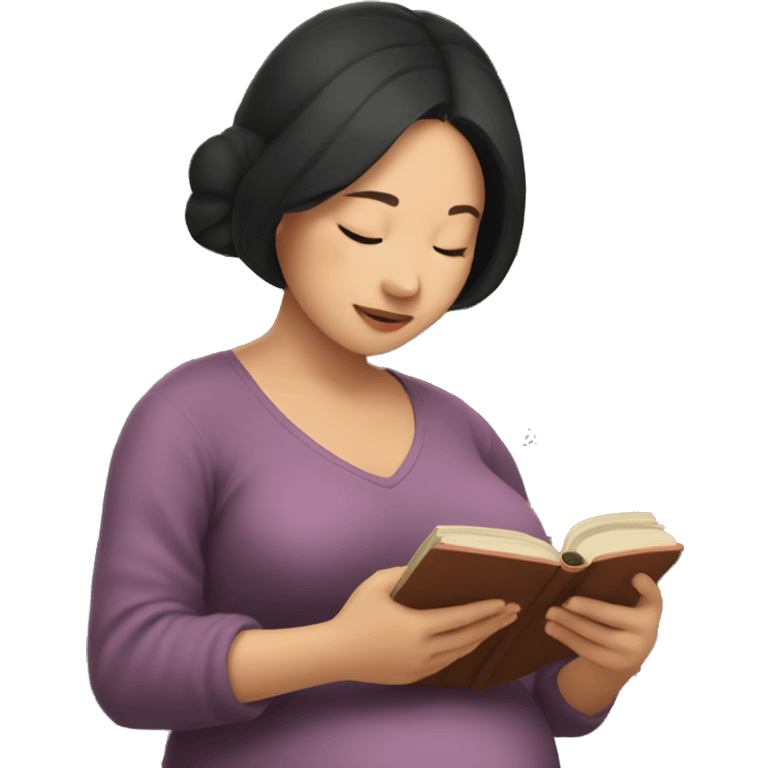 Pregnant Asian woman reads a lot of books emoji