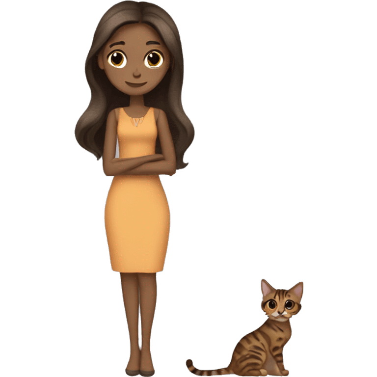 Beautiful skinny woman long dark brown hair in dress hug bengal cat emoji