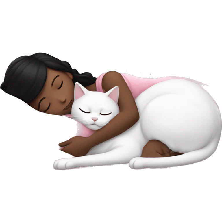 White girl with black hair sleeping with white cat under a pink blanket emoji