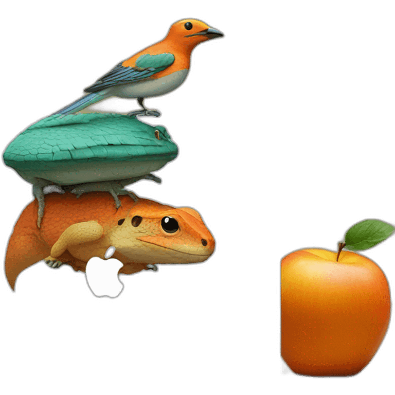 stack of macbook on top of apple on top of orange on top of brick on top of lizard on top of bird emoji