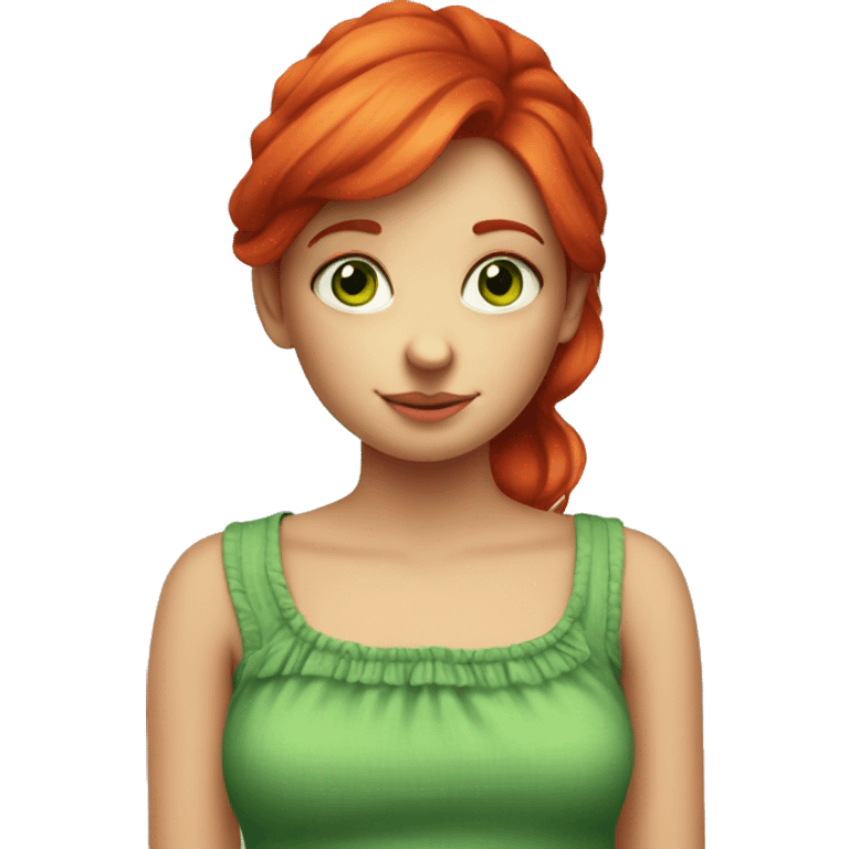 shy girl with red hair and green eyes, and old fashioned colorful top emoji