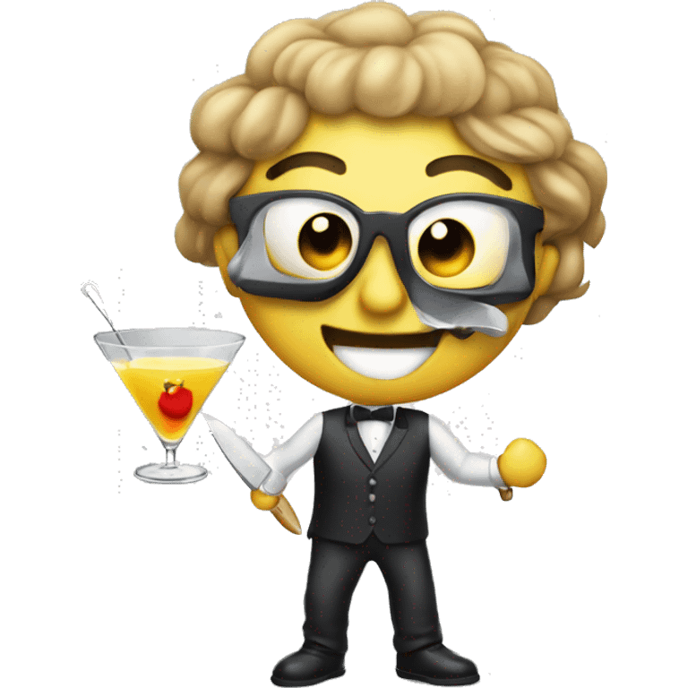 Please make me a emoji with a smiling face, with a martini glass in one hand, and a knife in the other  emoji